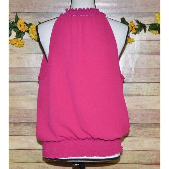 Gilli Magenta Pink Sleeveless Top Size L Ruffle Mock Neck Elastic Stretch Waist - Picture 6 of 9
